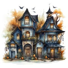 Watercolor Haunted house, clipart Illustration, Generative Ai