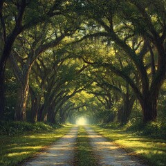Naklejka premium Serene Country Road Lined with Majestic Ancient Oaks