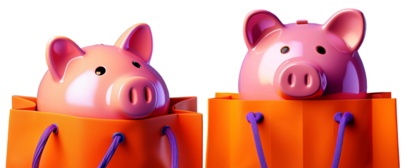 Extreme close-up of a smiling pink piggy bank inside an orange shopping bag with purple strings. Isolated on transparent or white background, Png. Shopping savings concept. Generative Ai.
