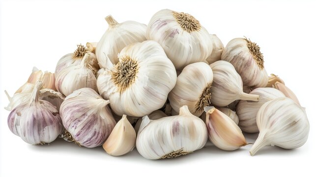 Heap of garlic on a white background, close up, side view