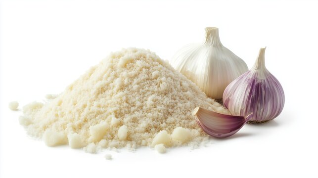 Heap of garlic powder on a white background, close up, side view
