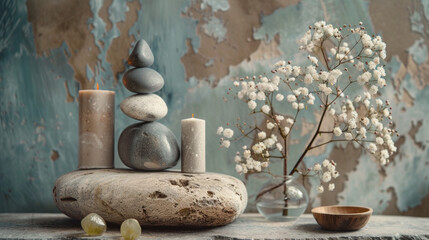 "Composition featuring symbolic objects for a spa salon, including stone therapy tools and other attributes used for cosmetic procedures."