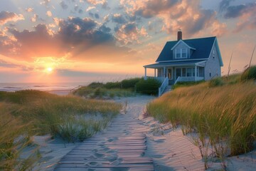 Beach House Sunrise. New England Bungalow on Maine Sand Dune