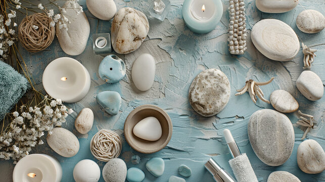 "Composition featuring symbolic objects for a spa salon, including stone therapy tools and other attributes used for cosmetic procedures."