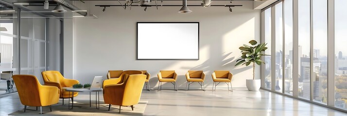 Modern Office Lobby with Yellow Armchairs and Large Window View - 3D Illustration
