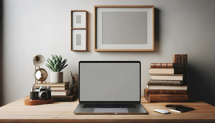 a laptop with a blank screen as its centerpiece. A wooden desk holds a collection of books