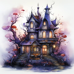 Watercolor Haunted house, clipart Illustration, Generative Ai
