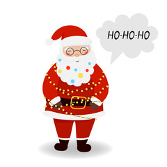 Santa Claus says ho-ho-ho in flat style. Vector illustration isolated for festive designs of banners, covers, advertisements, greeting cards. Concept of Christmas and New Year