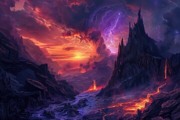 Molten Lava River Through Volcanic Rocky Mountains At Sunset
