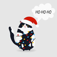 Cat in Santa's hat says ho-ho-ho in flat style. Vector illustration isolated for festive designs of banners, covers, advertisements, greeting cards. Concept of Christmas and New Year