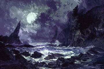 Fototapeta premium Dark and stormy night at sea with large waves crashing against sharp rocks