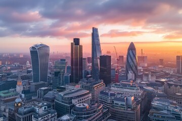 Fototapeta premium Aerial drone views of London's iconic skyline, blending historic and modern architecture...