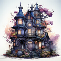 Obraz premium Watercolor Haunted house, clipart Illustration, Generative Ai