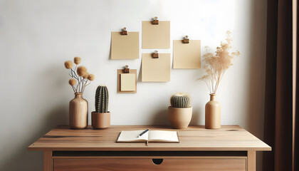 A simple yet clean workspace consists of a wooden table against a white wall.