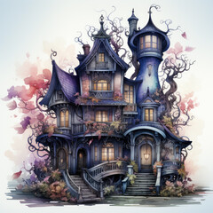 Watercolor Haunted house, clipart Illustration, Generative Ai