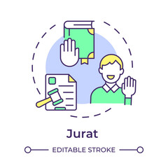 Jurat multi color concept icon. Swearing ceremony. Oath hand, affidavit. Judicial system. Round shape line illustration. Abstract idea. Graphic design. Easy to use in infographic, presentation