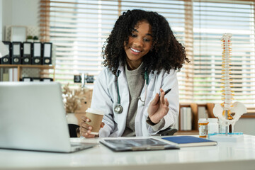 Doctor teleconference computer, report information patient analyzes the data. Pneumonia on the chart, medical check-up concept.