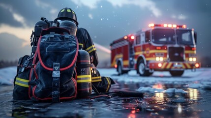 Ready for Action Firefighter's Gear Bag and Fire Truck Symbol of Emergency Preparedness and Service