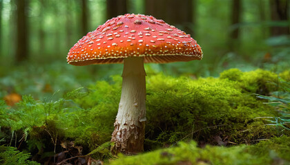 Fototapeta premium A vivid red mushroom with white spots emerges from a bed of green moss, illuminated by soft sunlight filtering through the trees