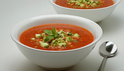 Chilled gazpacho soup garnished with diced cucumbers, peppers, and fresh herbs, showcasing a vibrant red color in white bowls