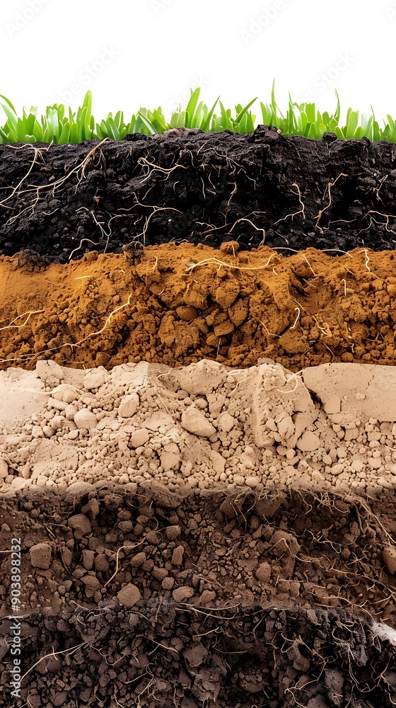 Poster realistic 4k close-up of soil layers showing different textures and compositions for world soil day,