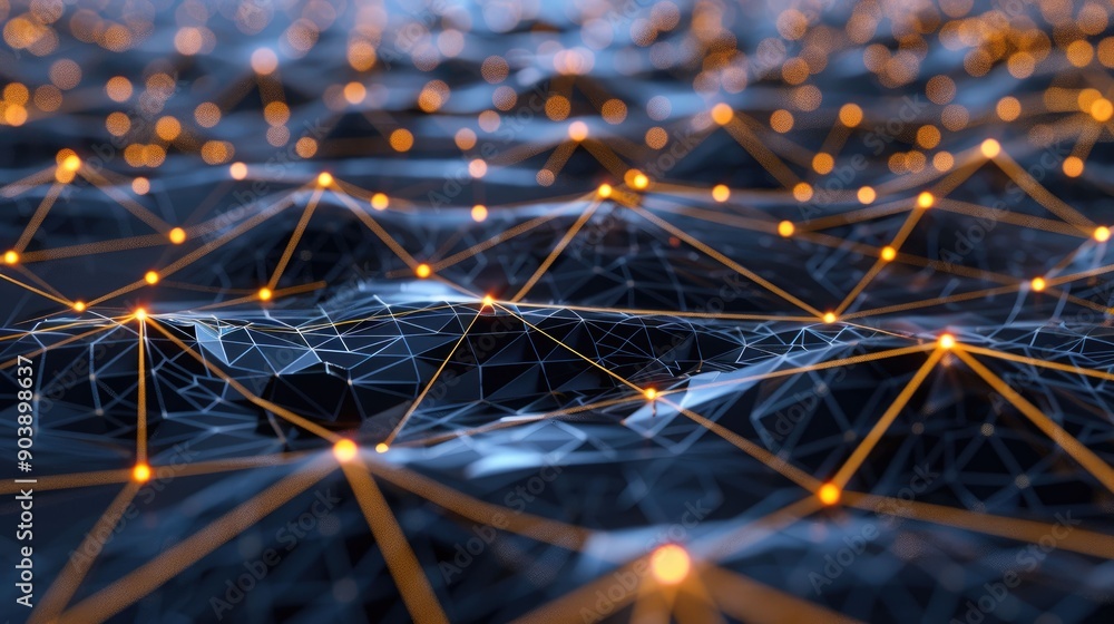 Poster abstract network with glowing orange nodes and lines