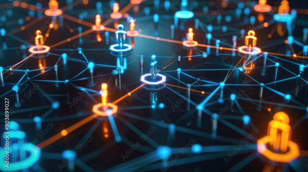 Poster abstract network of interconnected glowing figures