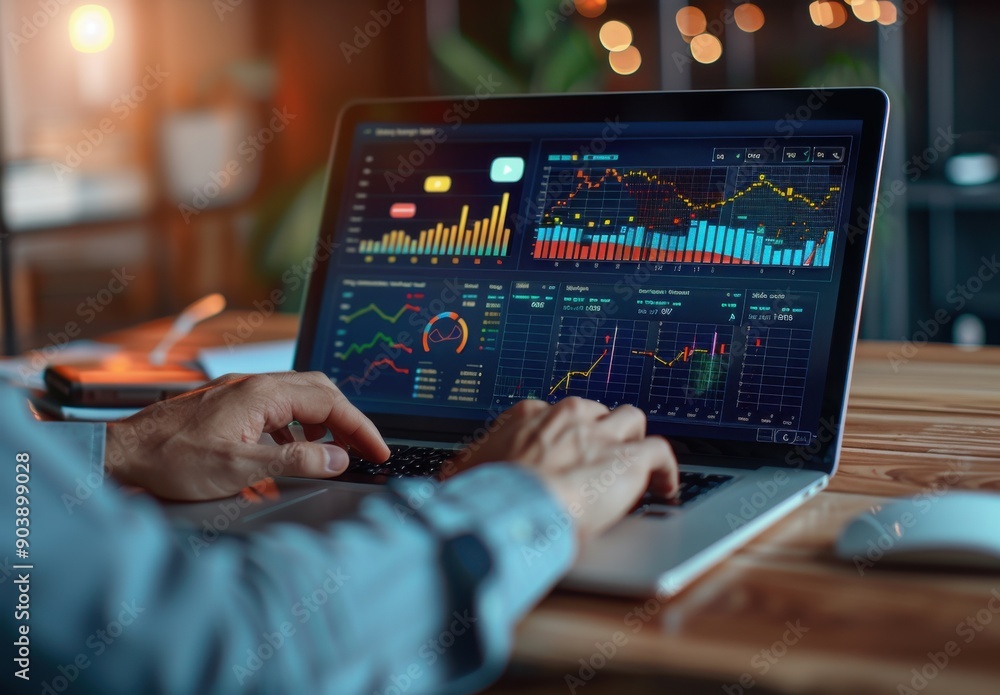 Poster A businessman analyses data on his laptop, with graphs and charts showing sales growth or advertising. The background is an office setting at night, with soft lighting creating shadows around them.