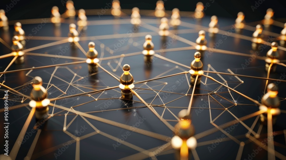 Poster golden figures connected by lines in a network