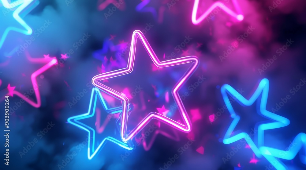 Poster an imaginative artistic representation showcasing neon stars vividly glowing amid an array of colorf