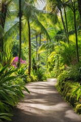 Obraz premium A bright and sunny rainforest path with lush greenery and towering trees.