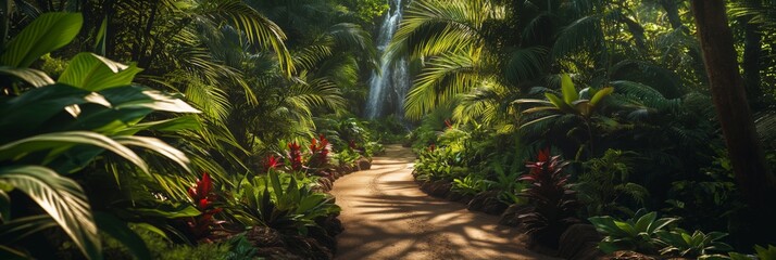 A picturesque wilderness scene featuring a tropical waterfall amidst lush forest greenery and vibrant foliage.