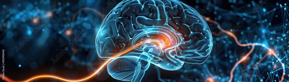 Poster visual representation of a brain with glowing neural connections, illustrating complex thought proce