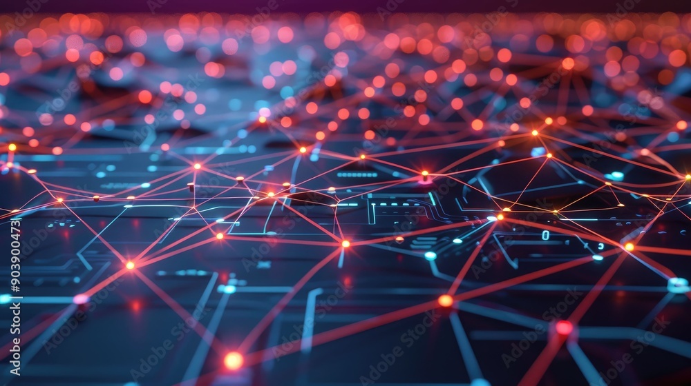 Aufkleber abstract network of red and blue lights with glowing nodes