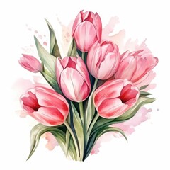 Watercolor Painting of a Bouquet of Pink Tulips