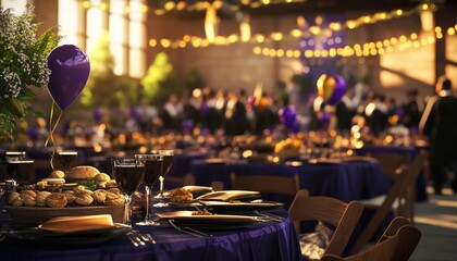 Elegant Dinner Table Setup with Purple Balloons and String Lights