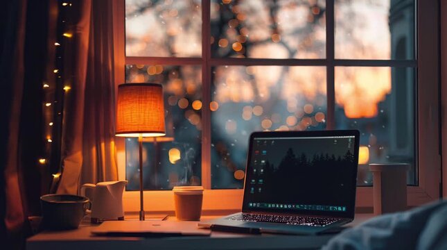  Laptop and lamp on a desk by an evening window showcasing a cozy autumn setting with fall foliage outside
 Seamless looping 4k time-lapse virtual video animation Generated AI