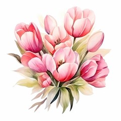 Fototapeta premium Delicate Pink Tulips Watercolor Painting