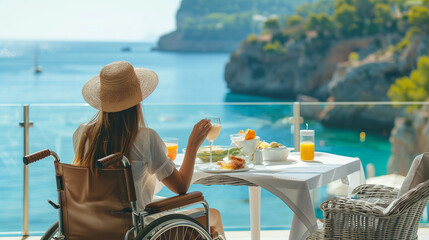 back view of a woman in a wheelchair enjoying an inclusive breakfast experience t on a hotel terrace with a beautiful ocean view