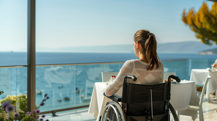 a woman in a wheelchair enjoying breakfast on a hotel balcony overlooking the ocean, accessible and inclusive travel
