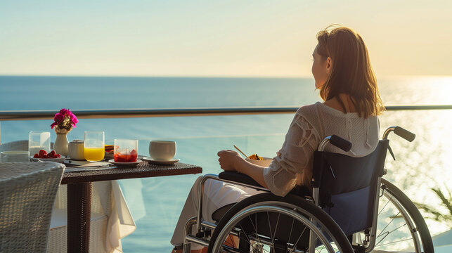 An inclusive vacation scene featuring a woman in a wheelchair enjoying breakfast with an ocean backdrop, accessible travel option and inclusive holiday experience - Powered by Adobe