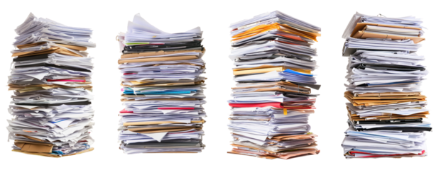 set of four different stack of papers documents work transparent background