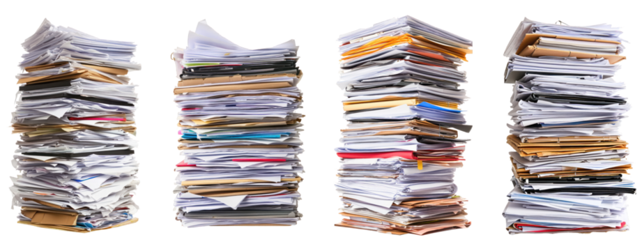 set of four different stack of papers documents work transparent background