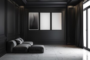 Fototapeta premium Luxurious yet cozy living room with a plush sofa, inviting armchair, and wooden table, softly illuminated