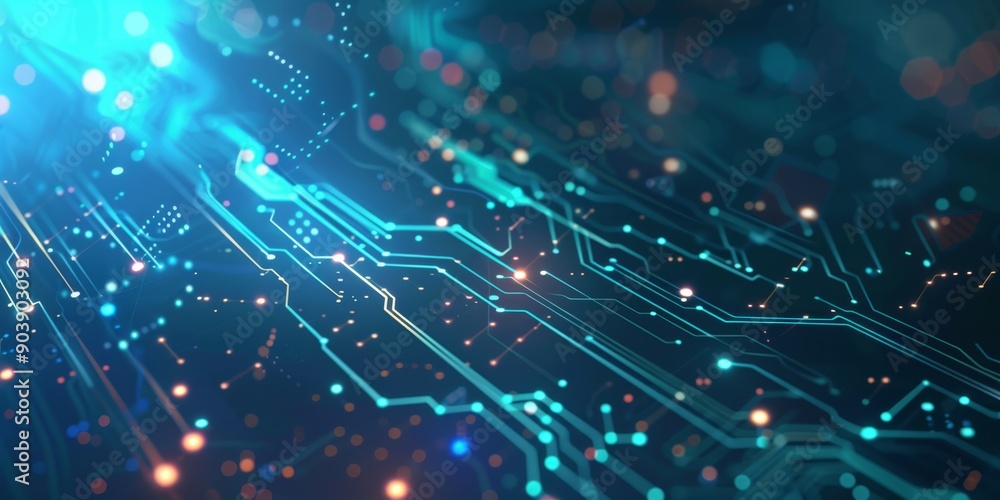 Poster abstract futuristic digital circuit with glowing lights and data streams, showcasing advanced techno