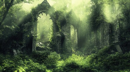 Obraz premium Overgrown Stone Ruins in a Lush Forest with Sunlight Streaming Through the Trees