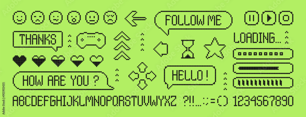 Poster set of pixel dialogue boxes, font alphabet, letters and numbers. black chat speech bubbles, button, 