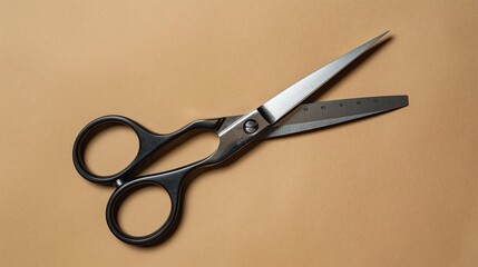 A pair of silver scissors with black handles on a beige background.