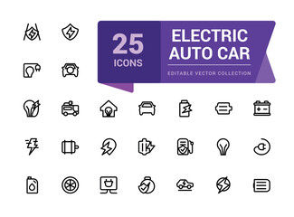 Electric Auto car outline icon. Set of e-car, electric car, vehicle, auto, charge station, parking, battery, eco transport, smart car. editable stroke icon.