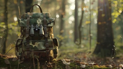 Fototapeta premium Stealthy Hunter Camouflage Backpack and Binoculars in the Wild